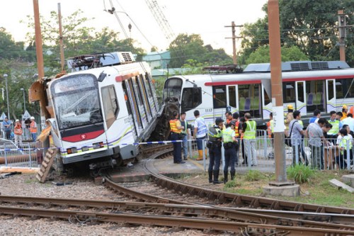 A train derailment injures 62 people in the northwestern satellite town of Tin Shui Wai in Hong Kong on Friday. Photo by Xinhua
