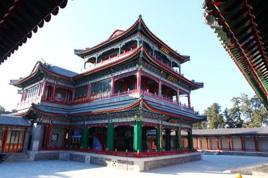 The three-story theater takes on a new look after renovation in the Garden of Virtuous Harmony in Beijing's Summer Palace. Provided by the Summer Palace to China Daily