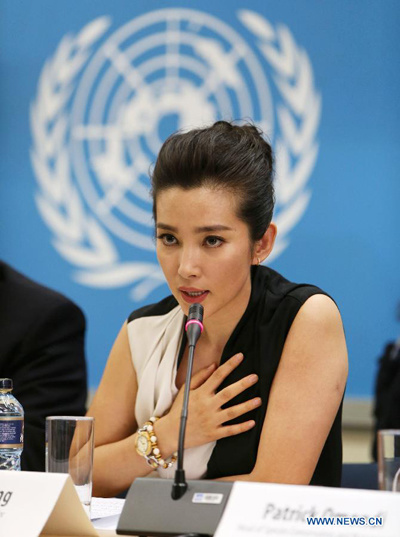 Chinese actress Li Bingbing attends a press conference at the United Nations Environment Programme (UNEP) headquarters in Nairobi, capital of Kenya, May 6, 2013.[Photo/Xinhua]