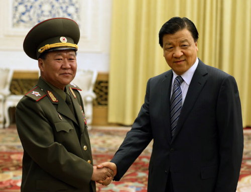 Liu Yunshan, a member of the Standing Committee of the Political Bureau of the Communist Party of China Central Committee, the Party's core leadership, meets Choe Ryong-hae, a special envoy of DPRK leader Kim Jong-un, on Thursday in Beijing. WU ZHIYI / CHINA DAILY