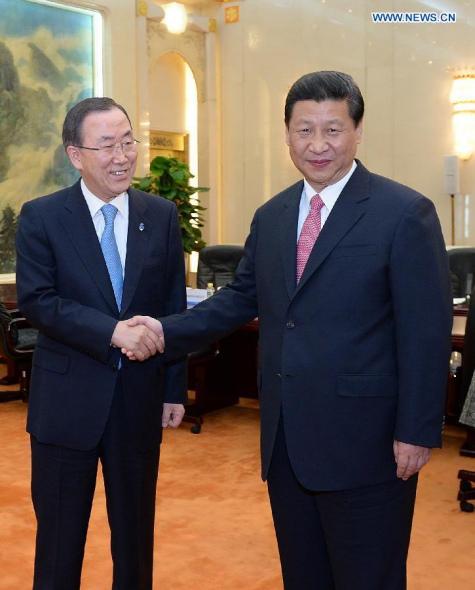 Chinese President Xi Jinping (R) meets with UN Secretary-General Ban Ki-moon in Beijing, capital of China, June 19, 2013. (Xinhua/Liu Jiansheng)