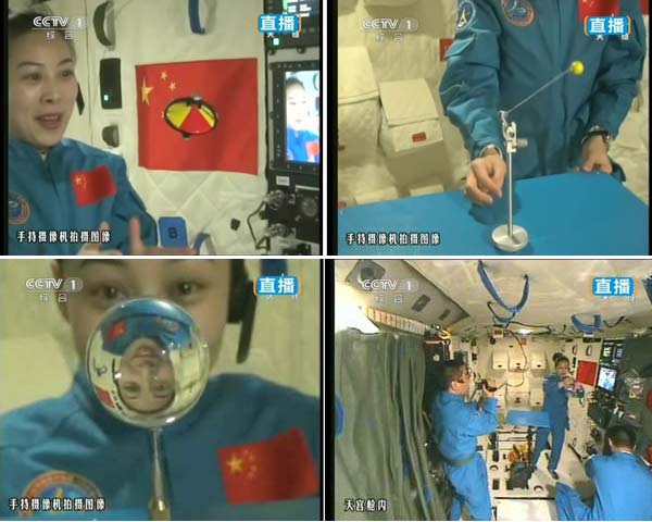 Wang Yaping, the second Chinese woman in space, demonstrated how a variety of objects �� from a spinning toy to a bubble of water �� behave in space. Xinhua