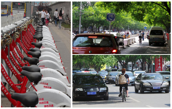 Public rental bikes stand idle along bicycle lanes occupied by cars in Dongcheng district of Beijing, June 3, 2013. There are 14,000 bicycles for rent in the city, and they've been used 700,000 times. More than 20 million people live in Beijing. Public rental bikes have been sitting idle as not enough riders use the service, some using the rental areas to park their own bicycles or electric vehicles. Also, the bicycle lanes are often used by cars, making cycling a dangerous option. Public bike rental service, aimed at providing an alternative, low-carbon transport service to residents, was first tried in Beijing's Dongcheng and Chaoyang districts, which have high traffic flow, and the service was extended to Daxing and Yizhuang districts by the end of 2012. [Photo/Xinhua]
