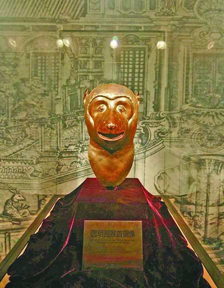 A bronze monkey sculpture is among the four animal heads showcased at the Jiading Museum in Shanghai. Li Xinke / China Photo Press