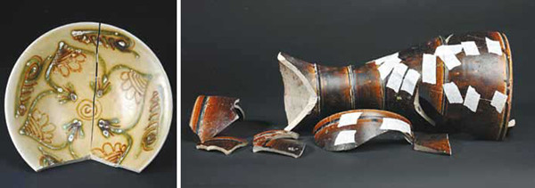 Two pieces of ceramics from the Qinglong town excavations are being restored and will be displayed at the Shanghai Museum. Photos provided to China Daily 