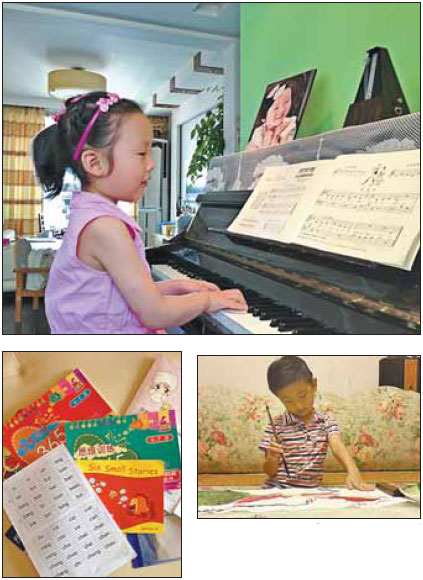 Clockwise: Jiayi practises piano at home. Xiaoyu enjoys traditional Chinese painting. A selection of Jiayi's books. Wu Ni / China Daily