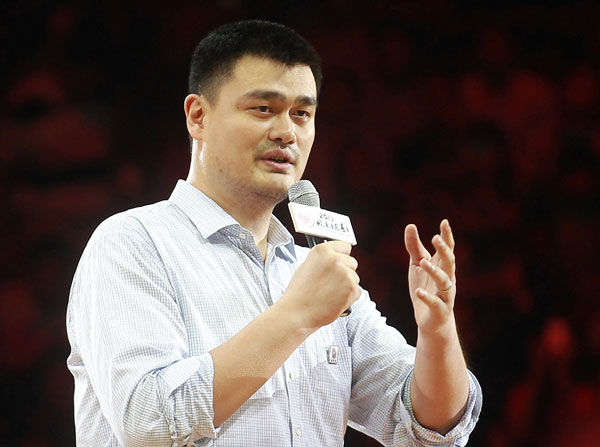 Yao Ming speaks at a charity basketball game between the NBA All-star team and Chinese National team organized by the Yao Foundation in Beijing, July 1, 2013. [Photo provided to chinadaily.com.cn]
