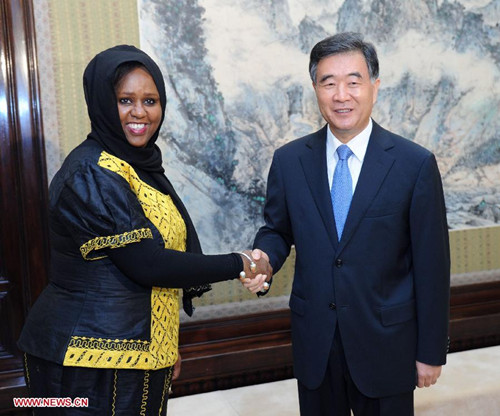 Chinese Vice Premier Wang Yang (R) meets with Somali Deputy Prime Minister and Foreign Minister Fowsia Yusuf Haji Adan in Beijing, capital of China, Aug. 26, 2013. (Xinhua/Zhang Duo) 