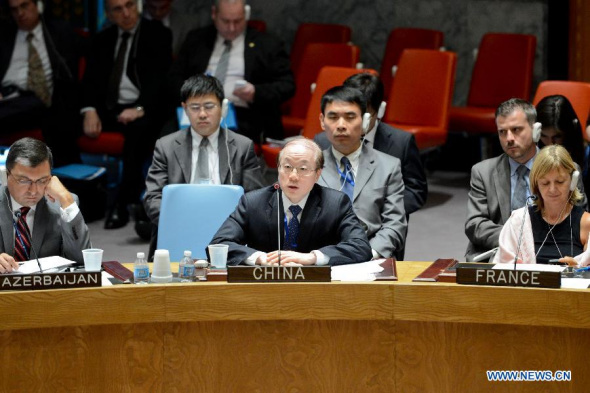 Liu Jieyi (C), China's permanent representative to the United Nations (UN), speaks during a UN Security Council meeting on Haiti, at the UN headquarters in New York, on Aug. 28, 2013. Peaceful reconstruction in Haiti remains an arduous task, said the Chinese envoy to the UN Wednesday, calling for continuous support from the international community. (Xinhua/Niu Xiaolei)