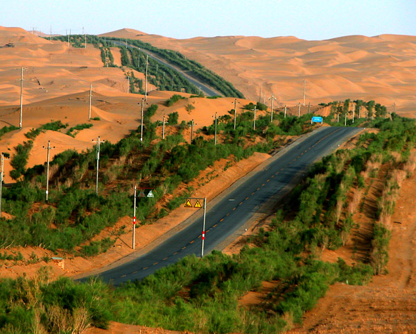 The 562-kilometer road connecting Urumqi and Hotan, which once was plagued by problems caused by the sand, now has desert plants as protection. Provided to China Daily