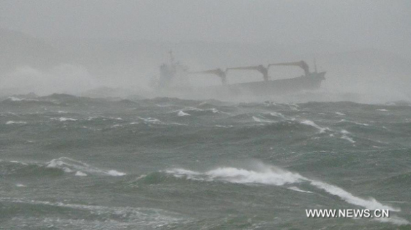 A Panamanian-registered cargo ship is seen in surging waves near Pohang harbor, South Korea, Oct. 15, 2013. The cargo ship carrying 19 people sunk in South Korea's southeast Pohang harbor amid a storm at 21:30 local time on Tuesday, leaving one people dead and 18 missing, according to the Chinese Consulate General in Busan. (Xinhua)