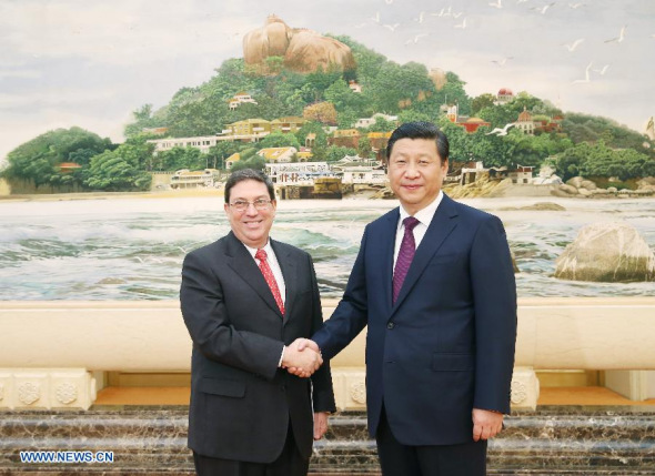 Chinese President Xi Jinping(R) shakes hands with Cuban Foreign Minister Bruno Rodriguez during their meeting at the Great Hall of the People in Beijing, capital of China, Nov. 7, 2013. (Xinhua/Yao Dawei)