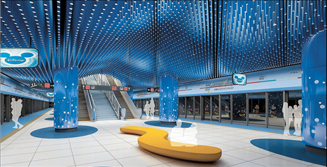 A blue color theme, featuring twinkling lights and Mickey Mouse’s distinctive silhouette, leads the poll for the Shanghai Disneyland Metro station design.