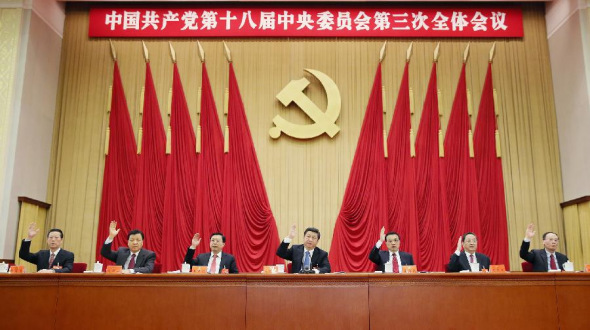 Top Chinese leaders Xi Jinping (C), Li Keqiang (3rd R), Zhang Dejiang (3th L), Yu Zhengsheng (2nd R), Liu Yunshan (2nd L), Wang Qishan (1st R), Zhang Gaoli (1st L) attend the third Plenary Session of the 18th CPC Central Committee in Beijing, capital of China, Nov. 12, 2013. The session lasted from Nov. 9 to 12. (Xinhua/Lan Hongguang)  
