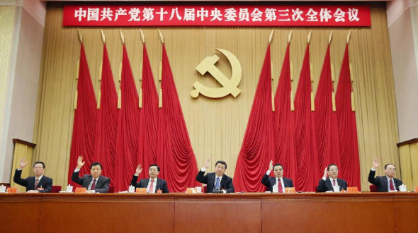 Top Chinese leaders Xi Jinping (C), Li Keqiang (3rd R), Zhang Dejiang (3th L), Yu Zhengsheng (2nd R), Liu Yunshan (2nd L), Wang Qishan (1st R), Zhang Gaoli (1st L) attend the third Plenary Session of the 18th CPC Central Committee in Beijing, capital of China, Nov. 12, 2013. The session lasted from Nov. 9 to 12. (Xinhua/Lan Hongguang)