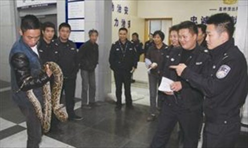 Police gather around a two-meter long python they were called to remove after it escaped its owner and crawled down to a neighbor's balcony in Ningbo, Zhejiang province on November 17. Photo: Modern Gold Express