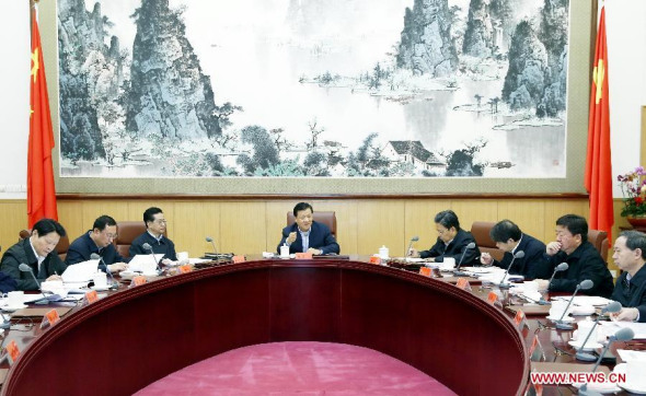 Liu Yunshan, a member of the Standing Committee of the Political Bureau of the Communist Party of China (CPC) Central Committee, presides over a meeting of the leading group of mass-line campaign in Beijing, capital of China, Dec. 15, 2013. The one-year mass-line campaign was launched in June to bridge gaps between CPC officials and members, and the general public, while cleaning up undesirable work styles such as formalism, bureaucracy, hedonism and extravagance. (Xinhua/Ju Peng)