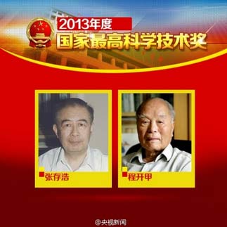 A screen grab from China Central Television shows file photos of Physical chemist Zhang Cunhao, left, and physicist Cheng Kaijia. (Photo: xinhua/cntv)