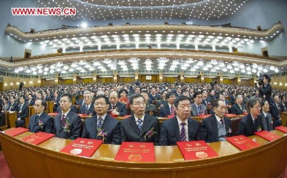 Delegates attend an annual ceremony to honor distinguished scientists and research achievements in Beijing, capital of China, Jan. 10, 2014. (Xinhua/Wang Ye)