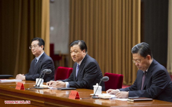 Liu Yunshan(C) addresses a conference on plans for the second batch of the mass line campaign designed to strengthen ties between the people and the CPC in Beijing, Jan. 21 2014. Liu was team leader of the mass-line campaign (Xinhua/Xie Huanchi)