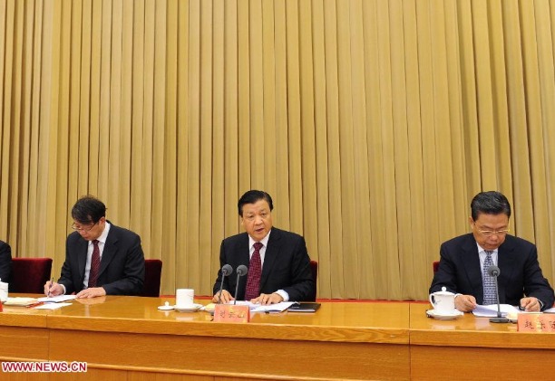 Liu Yunshan(C), a member of the Standing Committee of the Political Bureau of the Communist Party of China (CPC) Central Committee, speaks at a meeting of chiefs of local CPC organization departments from across the country, in Beijing, Jan. 21, 2014. (Photo source: Xinhua)