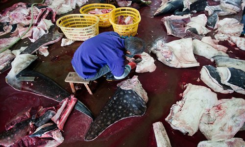 Sitting on a stool in a pool of blood, a worker cuts up a whale shark to separate the skin, flesh and liver oil in a factory in Puqi, Zhejiang province, on November 22, 2010. Photo: Courtesy of Paul Hilton and Alex Hofford from WildLifeRisk