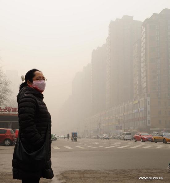 A pedestrian wearing a mask waits for passing a road crossing in Shijiazhuang, capital of north China's Hebei Province, Feb 26, 2014. Many cities maintained alert for air pollution on Feb. 26 since fog and smog choked northern China days ago. (Xinhua/Mo Yu)