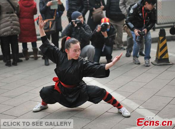 A girl from Shandong province showed her Kong Fu skills at the campus of Beijing Film Academy Saturday to express her discontent after failing the preliminary exam for the School of Preforming Arts. (Photo source: chinanews.com)