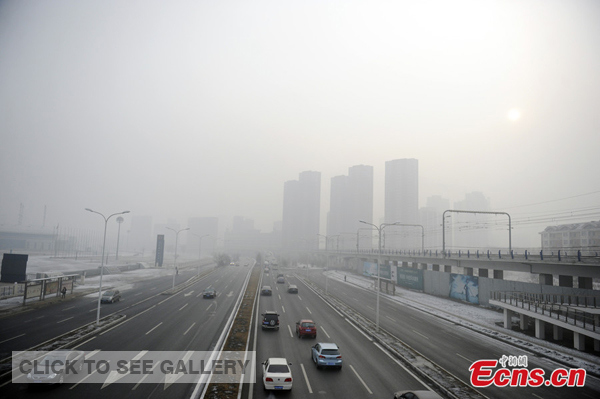 Photo taken on Feb 25, 2014 shows Changchun, capital city of northeast China's Jilin province, enveloped in smog. [Photo: China News Service / Zhang Yao]