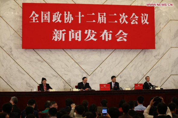Photo taken on March 2, 2014 shows the scene of a press conference on the second session of the 12th Chinese People's Political Consultative Conference (CPPCC) National Committee, in Beijing, capital of China. (Xinhua/Jin Liwang)