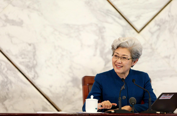 Fu Ying, spokeswoman for the second session of the 12th National People's Congress (NPC) , speaks during a press conference in Beijing March 4, 2014. [Photo/Xinhua]