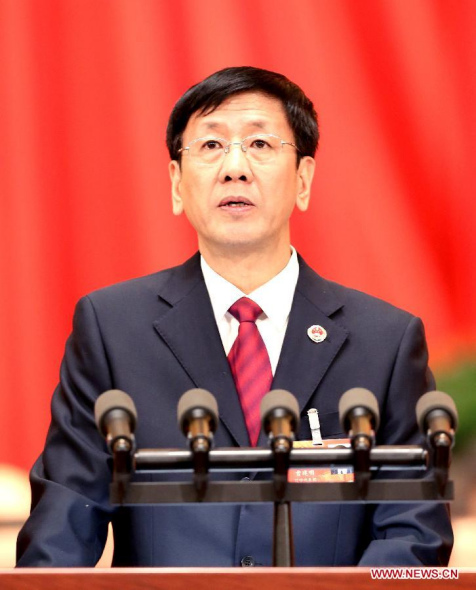Cao Jianming, procurator-general of the Supreme People's Procuratorate (SPP), delivers a report on the SPP's work at the third plenary meeting of the second session of China's 12th National People's Congress (NPC) at the Great Hall of the People in Beijing, capital of China, March 10, 2014. (Xinhua/Wang Ye)