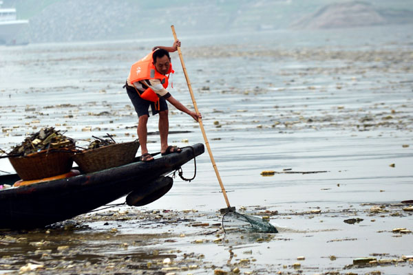 Workers pick up garbage floating in the Three Gorges reservoir in Yichang, Hubei province. During the two sessions, members called for an increase in the allowance provided to those working in ecological development to motivate more people to get involved. Zheng Jiayu / Xinhua 
