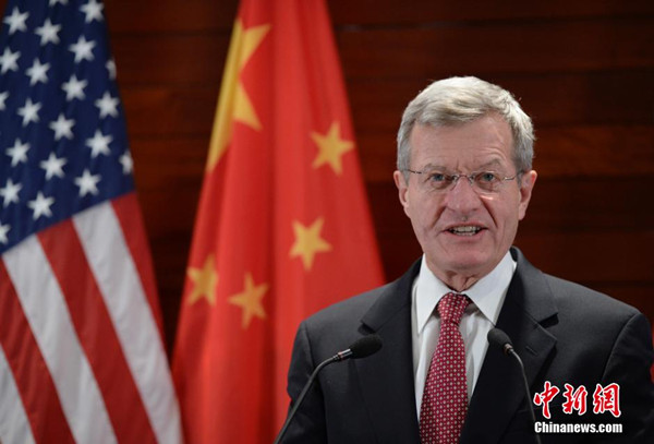 Max Baucus at his first news conference as US ambassador to China in Beijing on Tuesday, March 18, 2014. [Photo/China News Service] 