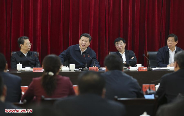 Chinese President Xi Jinping(2nd L, back) listens to reports on the mass line educational campaign of Lankao County and delivers a keynote speech, in Lankao County, central China's Henan Province, March 18, 2014. (Xinhua/Ding Lin)