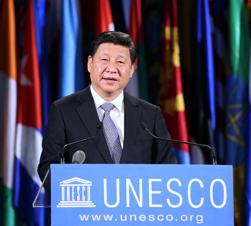 President Xi Jinping delivers a wide-ranging speech on civilization at the UNESCO headquarters in Paris on Thursday. [Photo: fmprc.gov.cn]