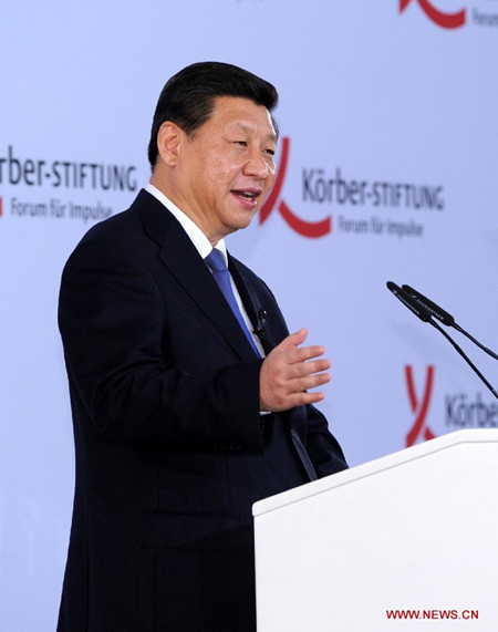 Chinese President Xi Jinping delivers a speech at the Korber Foundation in Berlin, Germany, March 28, 2014. (Xinhua/Rao Aimin)