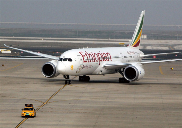 Ethiopian Airlines Flight ET684 arrives at Shanghai Pudong International Airport yesterday. - Xinhua 