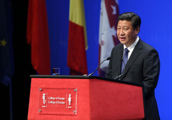 Chinese President Xi Jinping delivers a keynote speech at the College of Europe in Bruges, Belgium, April 1, 2014. (Xinhua/Pang Xinglei)