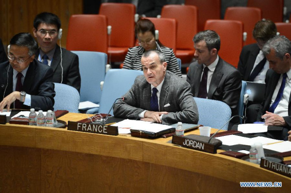 French Ambassador to the Untied Nations Gerard Araud (C) speaks during the UN Security Council meeting on Ukraine, at the UN headquarters in New York, on April 13, 2014.  (Xinhua/Niu Xiaolei)