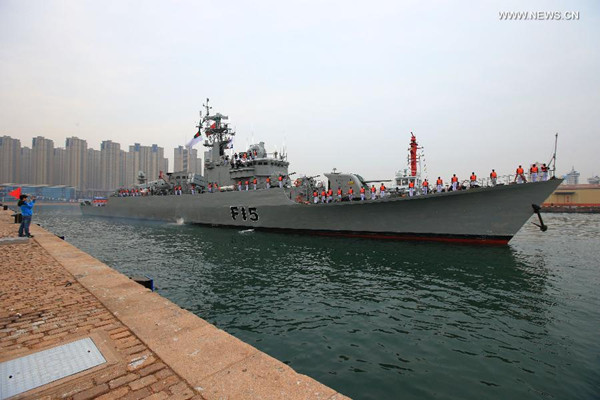 The first foreign naval ship, a frigate from Bangladesh, arrives to take part in a multi-national marine exercise in Qingdao, east China's Shandong Province, April 19, 2014. The exercise will be held around April 23, which marks the 65th anniversary of the founding of the Chinese People's Liberation Army (PLA) Navy. (Xinhua/Zha Chunming)