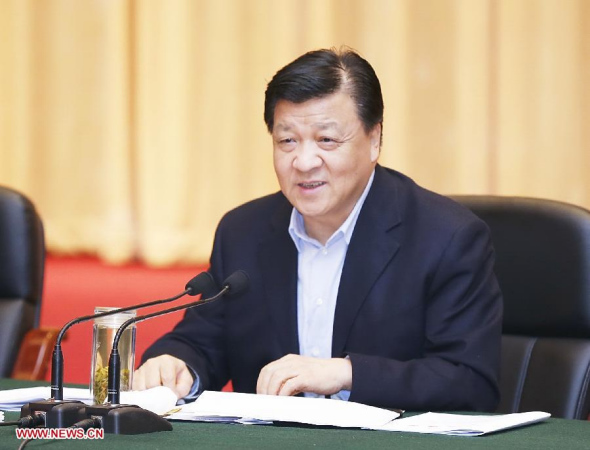 Liu Yunshan, a member of the Standing Committee of the Political Bureau of the Communist Party of China (CPC) Central Committee, addresses a meeting aimed at propelling the second phase of the mass-line campaign in Shenyang, capital of northeast China's Liaoning province, April 20, 2014. (Xinhua/Ju Peng)