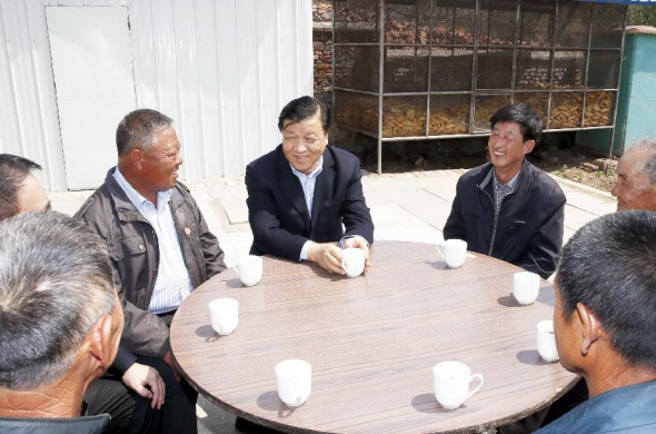 Liu Yunshan (C), a member of the Standing Committee of the Political Bureau of the Communist Party of China (CPC) Central Committee, talks with local people in Gusaocheng Village of Liaoyang city, northeast China's Liaoning province, April 22, 2014.   (Xinhua/Ju Peng)