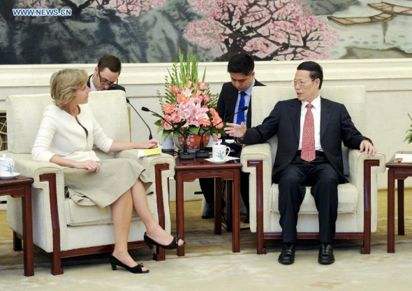 Chinese Vice Premier Zhang Gaoli (R) meets with Connie Hedegaard, Commissioner for Climate Action in the European Commission, in Beijing, capital of China, April 23, 2014.(Xinhua/Zhang Duo) 