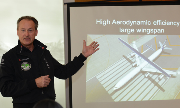 Andr Borschberg, CEO, co-founder and pilot of Solar Impulse gives speech at a press conference held in the Swiss Embassy in China on April 24, 2014. (People's Daily Online/ Wang Xin)