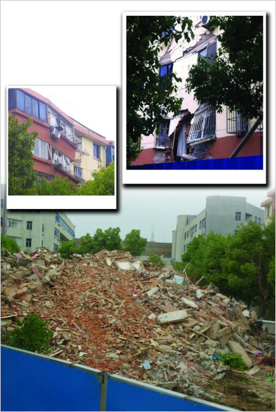 The photos seen here show a dilapidated five-story building that housed 30 families in Changshu, east China's Jiangsu province, and its demolition on April 28, 2014. [Photo: jschina.com.cn] 
