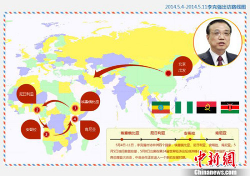 This map shows the tour route of Chinese Premier Li Keqiang's African visit.[Photo /Chinanews.com]
