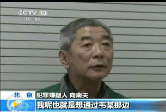 Beijing resident Xiang Nanfu is detained for posting false information on a foreign website to get high payment. [Photo / Screenshot from CCTV]
