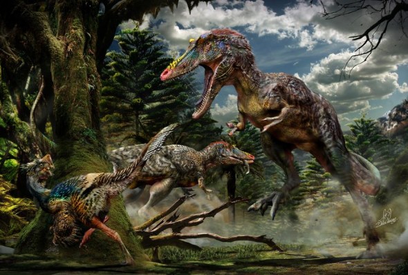 Two Qianzhousaurus sinensis individuals are pictured hunting in this undated handout artist's rendering. The larger one is chasing a small feathered dinosaur called Nankangia and the smaller is eating a lizard. Scientists on Wednesday identified a new member of Tyrannosaurus rex's family, a beast named Qianzhousaurus sinensis that was up to 30 feet (9 meters) long and stalked China at the very end of the age of dinosaurs. [Photo/Agencies]