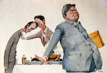 A cartoon by Ding Cong titled Refusing Banquets: ��Don��t worry! The officer is on a diet��. [Photo/Xinhua]